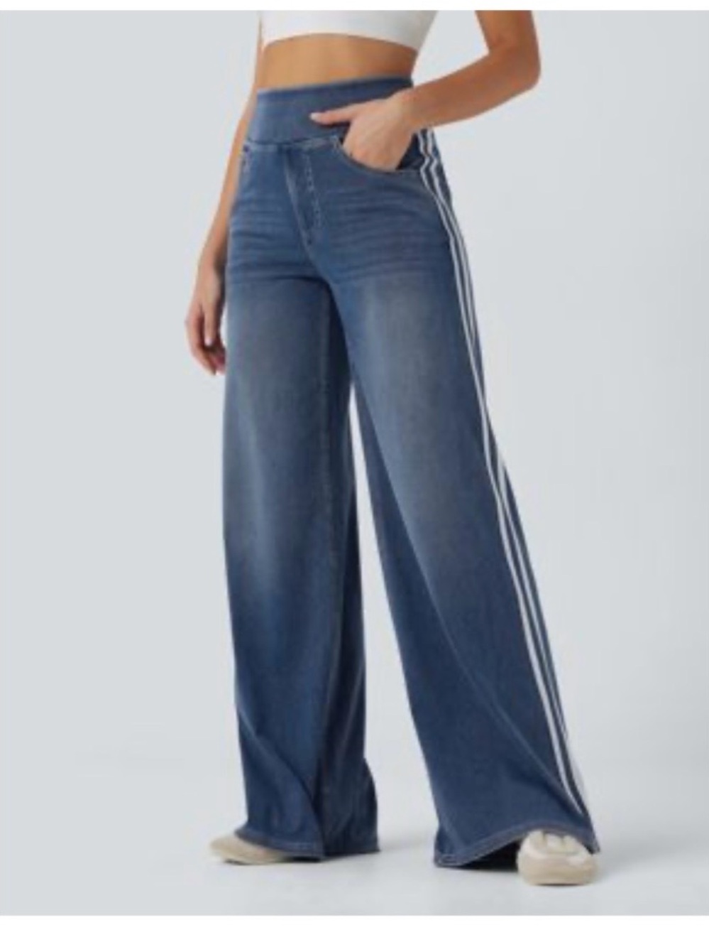 Halara Flex™ High Waisted Stripe Wide Leg Flowy Washed Casual Jeans with Pockets